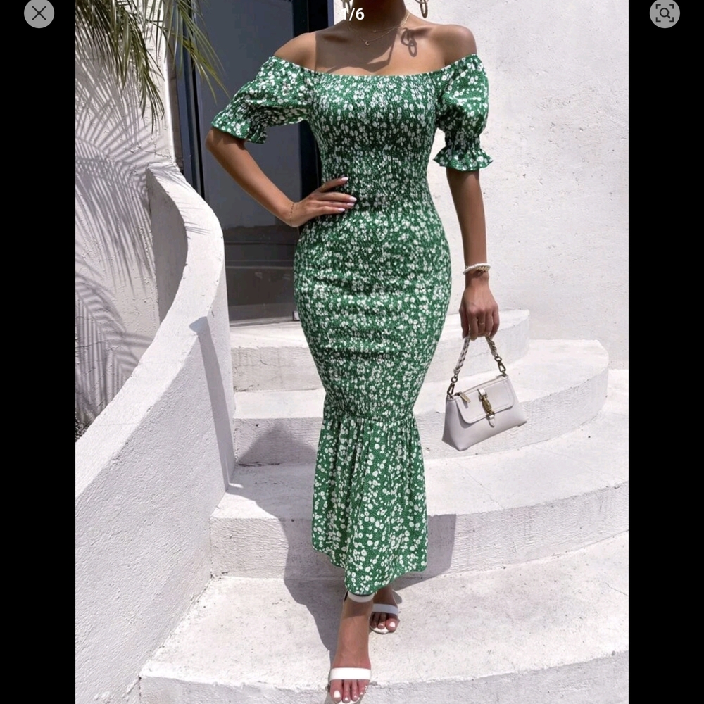 Green Floral Off-Shoulder Dress